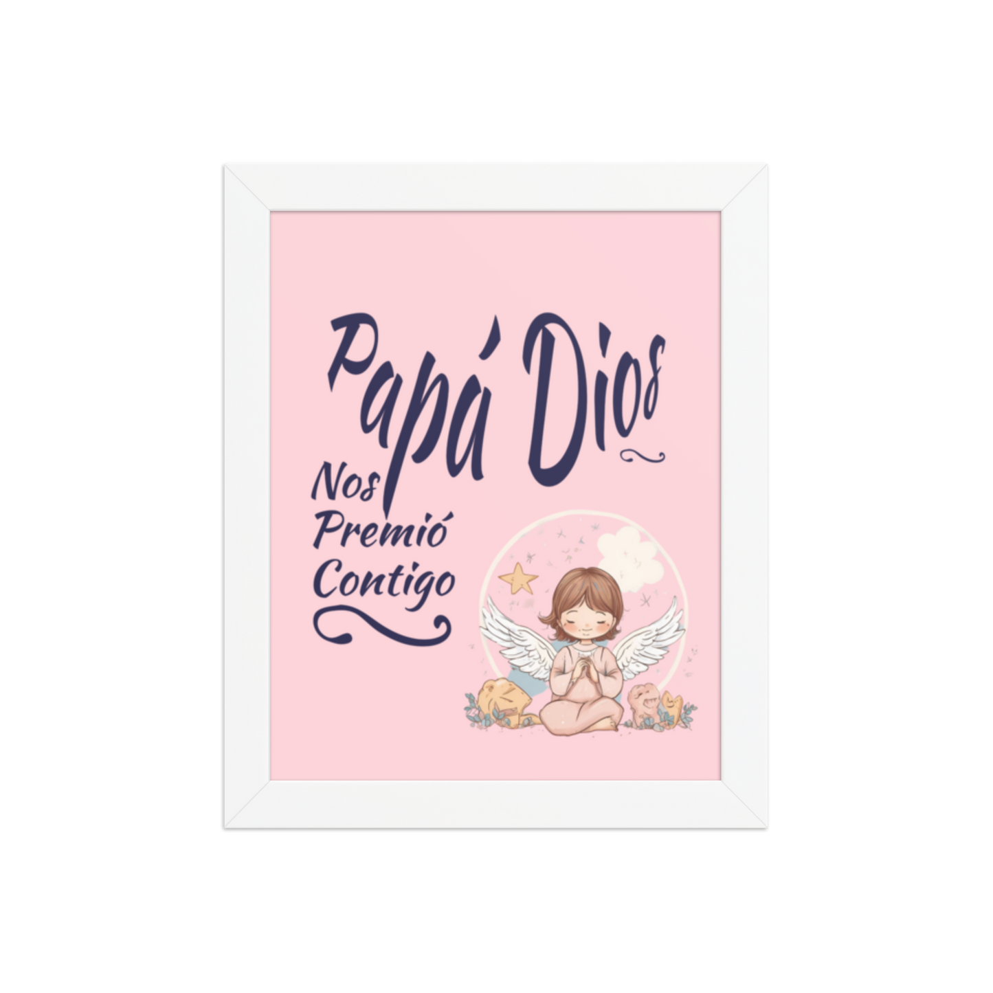 Cuadro Infantil Enmarcado – Papá Dios nos premió contigo (Rosa) – Lámina Religiosa para Niñas – God Blessed Us With You Print