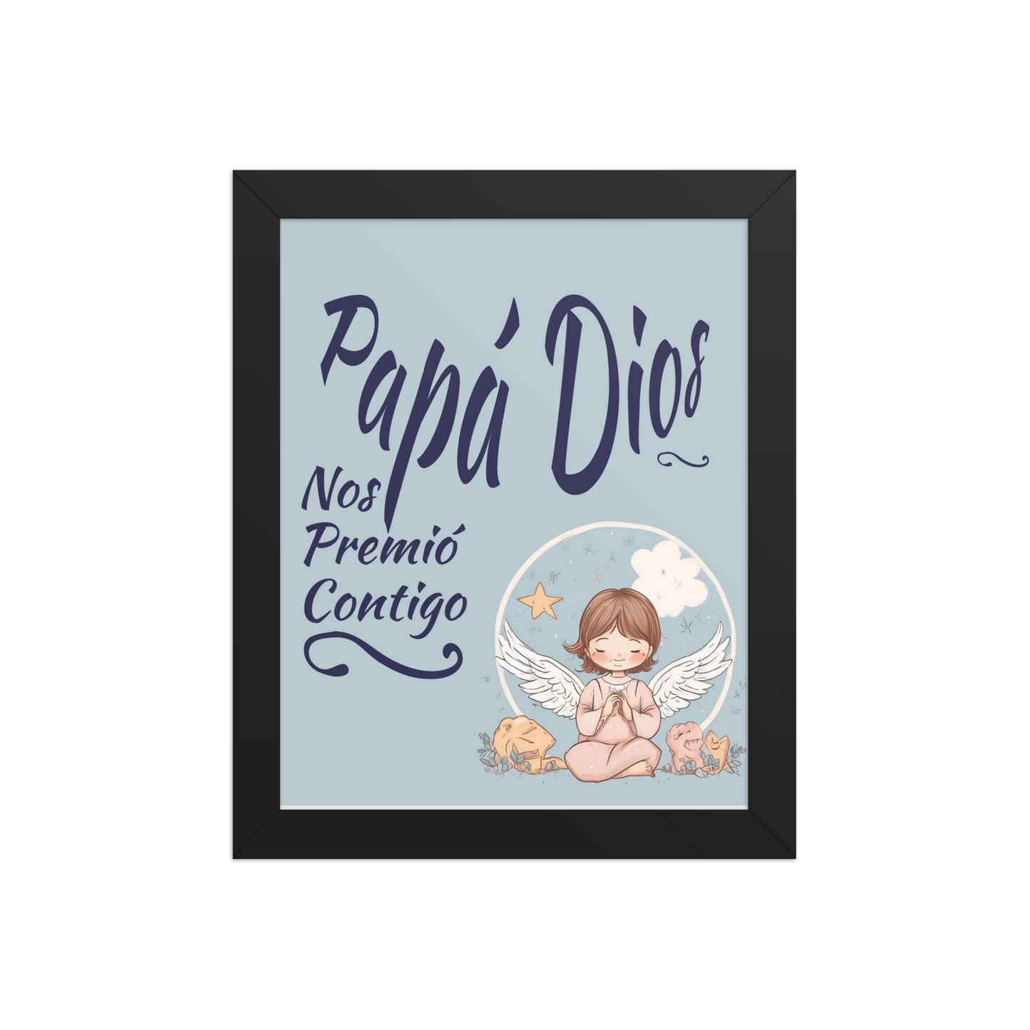 Cuadro Infantil Enmarcado – Papá Dios nos premió contigo (Azul) – Lámina Religiosa para Niños – God Blessed Us With You Print