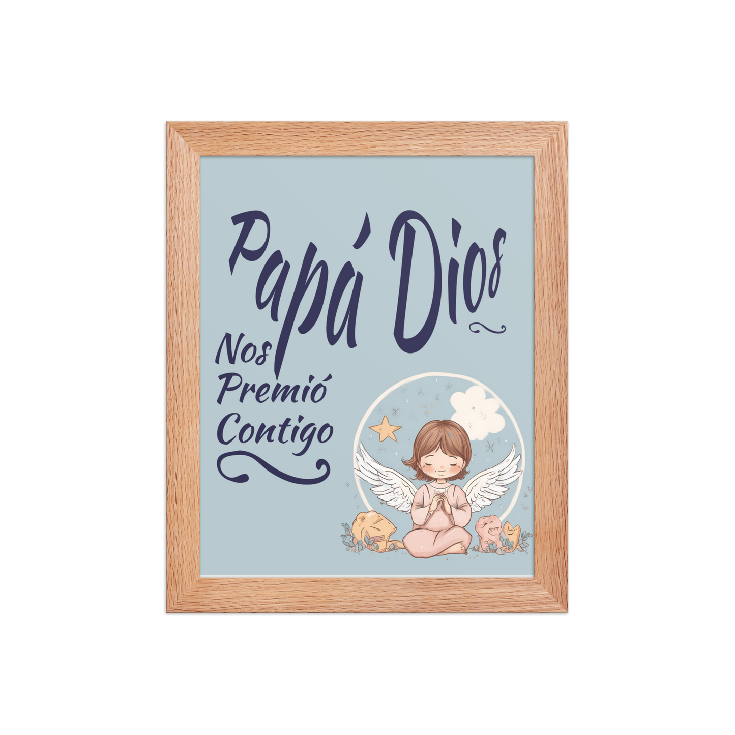 Cuadro Infantil Enmarcado – Papá Dios nos premió contigo (Azul) – Lámina Religiosa para Niños – God Blessed Us With You Print