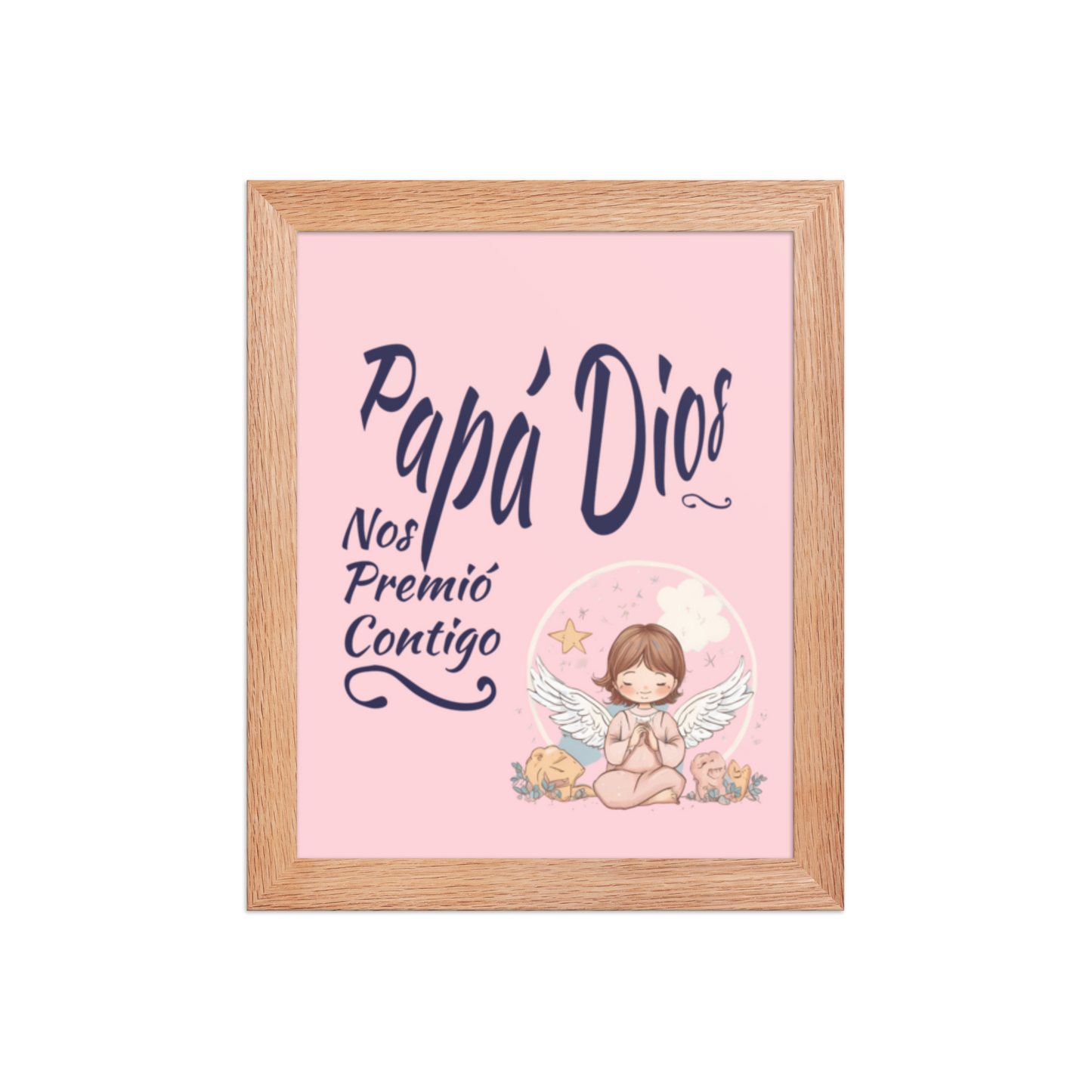 Cuadro Infantil Enmarcado – Papá Dios nos premió contigo (Rosa) – Lámina Religiosa para Niñas – God Blessed Us With You Print