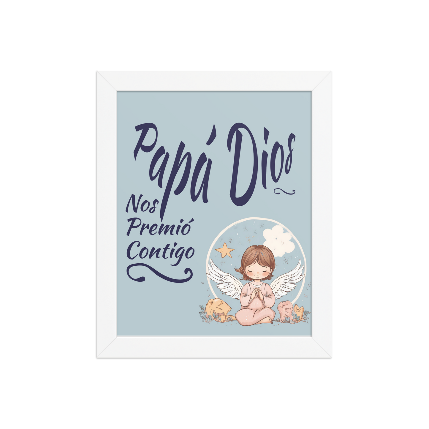 Cuadro Infantil Enmarcado – Papá Dios nos premió contigo (Azul) – Lámina Religiosa para Niños – God Blessed Us With You Print